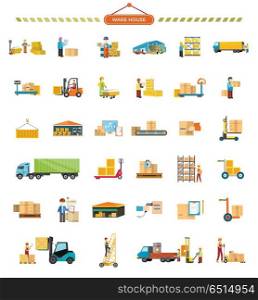 Set of Warehouse Icons in Flat Design. Set of Warehouse icons. Flat design. Warehouse, elevator, container, truck, ladder, conveyor, weight, hangar, package box worker messenger courier pictograms for cargo and delivery services