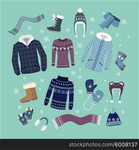 Set of warm winter clothes design. Scarf and winter fashion, winter hat, winter coat, cloth and hat, jacket and glove, coat and boot, outerwear seasonal illustration