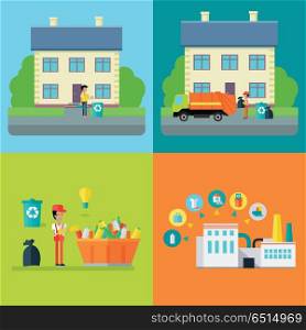 Set of waste recycling concept vectors. Flat design. Stages of processing trash, from throw-out, transportation, sorting and recycle. Environmental protection, pollution prevention, waste recycling. Set of Waste Recycling Concept Illustrations. Set of Waste Recycling Concept Illustrations