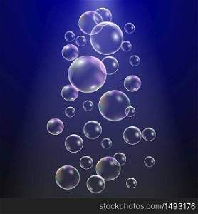 Set of water bubbles on dark blue background. Vector illustration