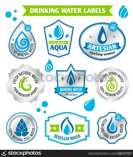 Set of water drops label badge set for healthy aqua bottles design vector illustration