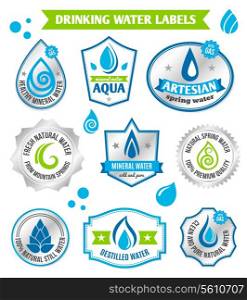 Set of water drops label badge set for healthy aqua bottles design vector illustration