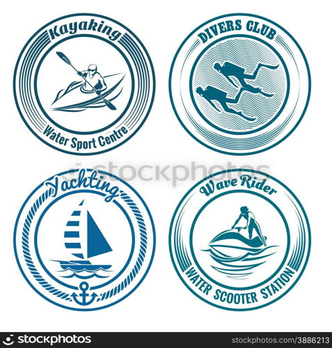 Set of Water Sport stamps or seal with design elements. Kayaking, diving, yachting and water scooter sport. Isolated on white background. No gradient used.