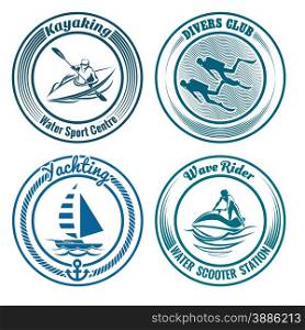 Set of Water Sport stamps or seal with design elements. Kayaking, diving, yachting and water scooter sport. Isolated on white background. No gradient used.