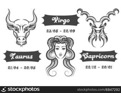 Set of Water Zodiac signs. Virgo Taurus and Capricorn drawn in engraving style. Vector illustration.