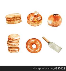 Set of watercolor bun, donut, macaron, cake illustration a decorative use.