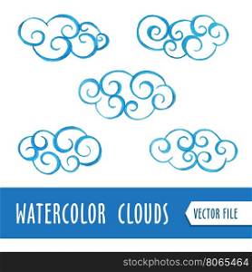 Set of watercolor clouds. Design elements. Vector Illustration.