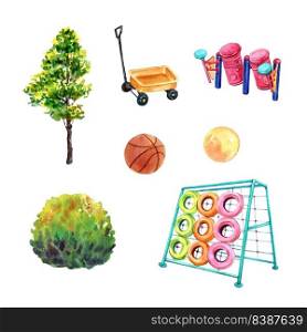 Set of watercolor design tree, basketball, jungle gym illustration on white background.