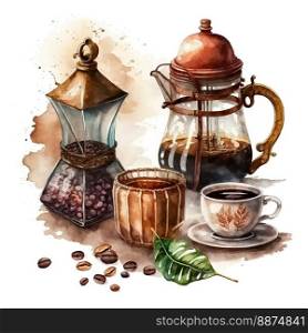 Set of watercolor painting craft package with coffee beans, coffee grinder, coffee maker and spices cinnamon, cloves. Black coffee or cappuccino. Hot drink for breakfast. Refreshing drink. Isolated