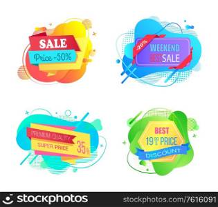 Set of watercolor sale labels on abstract liquid shapes isolated. Mega discounts and final price, special offer percent off promo adverts on color tags. Set of Sale Labels Abstract Liquid Shapes Isolated