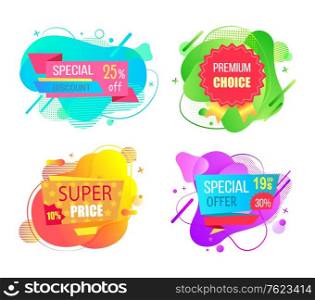 Set of watercolor sale labels on abstract liquid shapes isolated. Mega discounts and final price, special offer percent off promo adverts on color tags. Set of Sale Labels Abstract Liquid Shapes Isolated