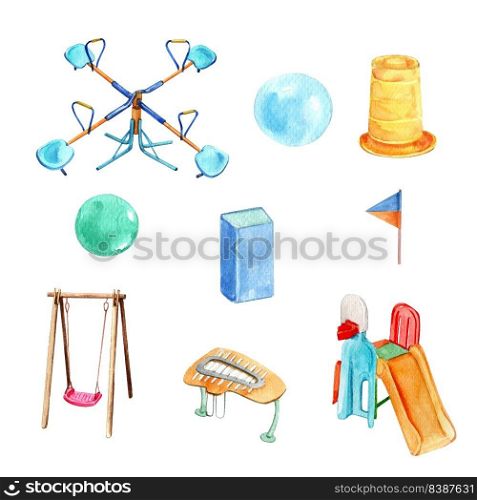 Set of watercolor swing, jungle gym, ball illustration on white background.