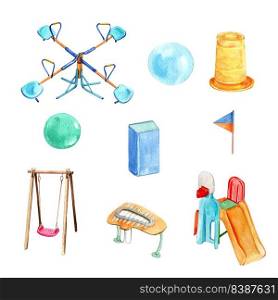 Set of watercolor swing, jungle gym, ball illustration on white background.