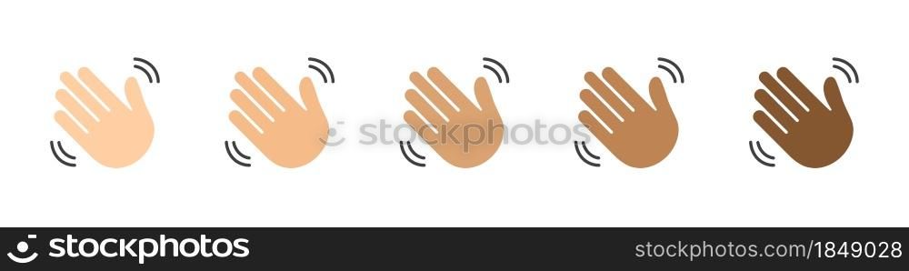 Set of waving hands isolated on white background. Hands of people of different skin colors. A sign of greeting or goodbye. Flat style. Vector illustration
