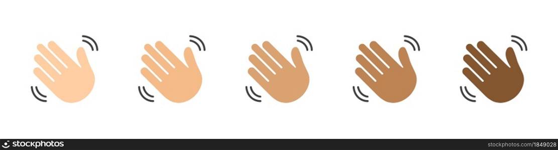 Set of waving hands isolated on white background. Hands of people of different skin colors. A sign of greeting or goodbye. Flat style. Vector illustration