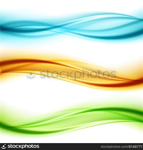 Set of wavy banners. Shiny transparent green, blue and orange wave