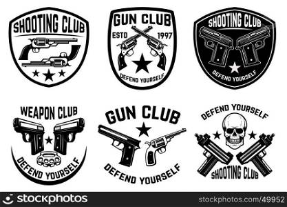 Set of weapon club, gun shop emblems. Labels with handguns. Vector illustration