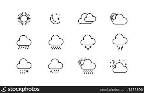 Set of weather icons. Raining, sunny, snowing, cloudy on isolated white background. EPS 10 vector.. Set of weather icons. Raining, sunny, snowing, cloudy on isolated white background. EPS 10 vector