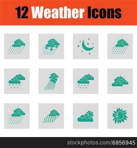Set of weather icons. Set of weather icons. Green on gray design. Vector illustration.