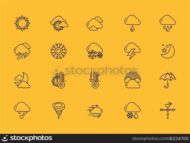 Set of weather thin, lines, outline, strokes icons. Symbols weather snow, rainbow, rain, heat, sunny cloudy, wind black on yellow background. For web and mobile applications