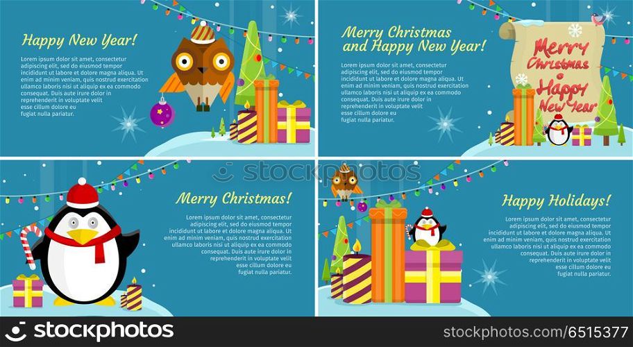 Set of Web Banners Winter Holiday Celebration.. Set of web banners. Merry Christmas and Happy New Year Merry Christmas Happy New Year Happy Holidays Posters, Xmas greeting card, winter season holiday celebration. Vector in flat style design