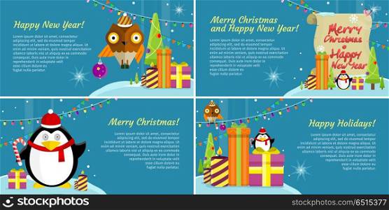 Set of Web Banners Winter Holiday Celebration.. Set of web banners. Merry Christmas and Happy New Year Merry Christmas Happy New Year Happy Holidays Posters, Xmas greeting card, winter season holiday celebration. Vector in flat style design