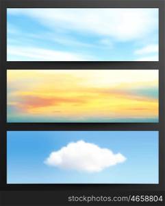 Set Of Web Banners With Sky And Clouds On A Gray Background With Shadows