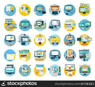 Set of web design icon flat concept. Web and design, icon and website, website design, web template, web designer, web design elements, technology development design. digital design illustration