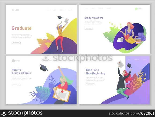 Set of web page design templates with relaxed learning people outdoor and graduate for online education, training and courses. Modern vector illustration concepts for website. Set of web page design templates with relaxed learning people outdoor and graduate for online education, training and courses. Modern vector illustration concepts