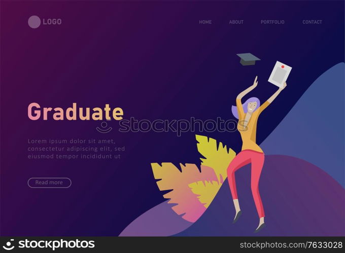 Set of web page design templates with smiling graduates people in graduation gowns holding diplomas and happy Jumping. Modern vector illustration concepts for website and mobile website development. Set of web page design templates with relaxed learning people outdoor for online education, training and courses. Modern vector illustration concepts for website and mobile website