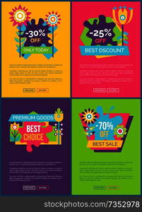 Set of web posters best discount promo stickers cartoon style flowers, geometric shapes and splashes, spring sale label template vector online banners. Set of Web Posters Discount Promo Stickers Flowers