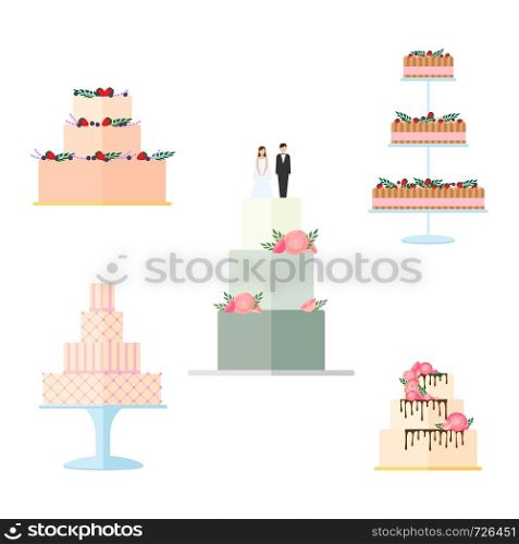Set of Wedding cakes with floral decoration isolated on a white background. Wedding pie with bows and toppers bride and groom Vector illustration. Set of Wedding cakes with floral decoration isolated on a white background.