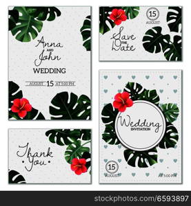 Set of wedding cards with leaves and flower of realistic house plant monstera isolated vector illustration . Realistic House Plant Wedding Cards