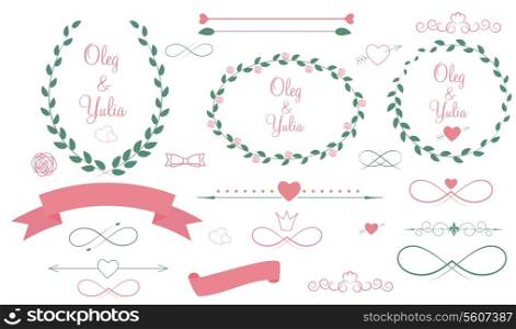 Set of Wedding Graphic Elements with Arrows, Hearts, Laurel, Ribbons and Labels Vector Illistration