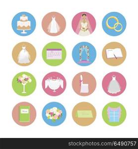Set of wedding icons. Flat design vector. Collection of color round icons with wedding ceremony attributes. Preparation for marriage. For wedding organizing company ad, app pictograms, web design. Set of Wedding Vector Icons in Flat Design. Set of Wedding Vector Icons in Flat Design