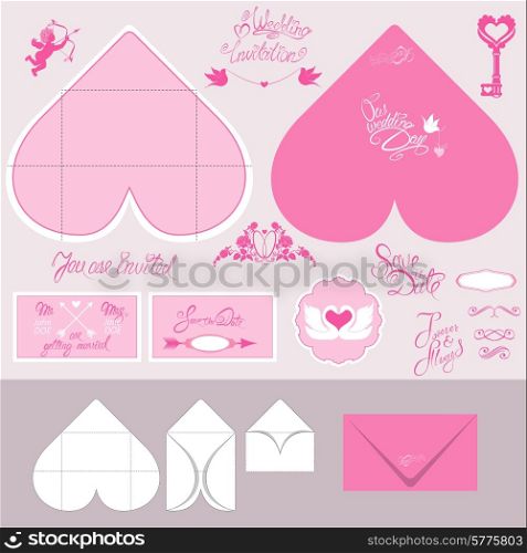 Set of Wedding invitation cards and envelopes in heart shape with floral elements, angels, wedding rings, handwritten calligraphic text, vignettes, frames.
