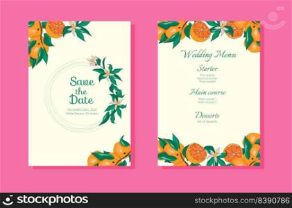 Set of wedding invitation cards with bright oranges, flowers and leaves template design. Vector EPS10. Set of wedding invitation cards with bright oranges, flowers and leaves template design