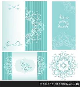 Set of Wedding invitation cards with floral elements, calligraphic handwritten text, background stripped patterns in blue colors.
