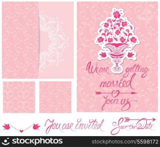 Set of Wedding invitation cards with floral elements, calligraphic handwritten text, background floral patterns in pink colors.