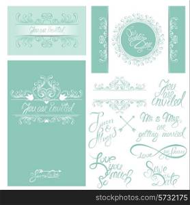Set of Wedding invitation cards with floral elements, calligraphic handwritten text, background in blue colors.