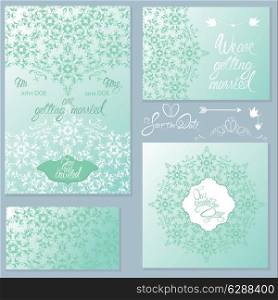 Set of Wedding invitation cards with floral elements, handwritten calligraphic text, background ornamental patterns, vignettes, frames.