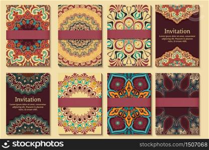 Set of wedding invitations and announcement cards with ornament in Arabian style. Arabesque pattern. Eastern ethnic ornament. Elegant texture for backgrounds. Design template.
