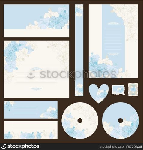 Set of wedding invitations with flowers background.