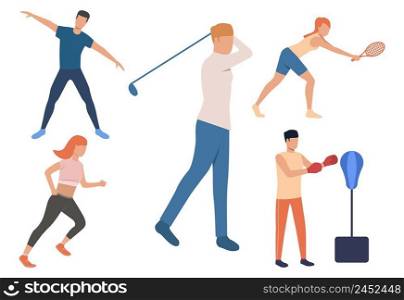 Set of weekend activities. Men and women playing tennis and golf, boxing, running. Sport concept. Vector illustration can be used for topics like hobby or exercising. Set of weekend activities. Men and women playing tennis