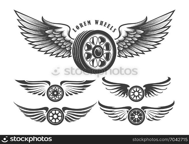 Set of wheels with wings for tattoo or label design isolated on white. Vector illustration.
