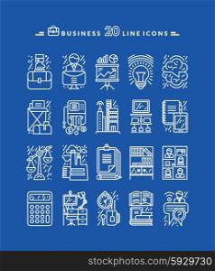 Set of white business thin, lines, outline icons for marketung, production, account, balance, accounting, management on blue background. For web and mobile applications