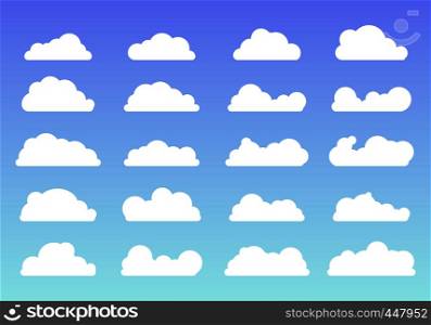 Set of white clouds Icons trendy flat style on blue background. Cloud symbol or logo, different for your web site design, logo, app, UI. Vector illustration