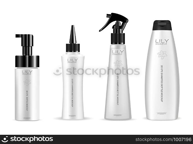 Set of white cosmetic bottles for hair care products: shampoo, gel, soap and other liquids. Dispenser pump, dropper, pistol spray containers. 3d vector mockup packaging design.. Set of white cosmetic bottle for hair care product