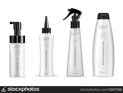 Set of white cosmetic bottles for hair care products: shampoo, gel, soap and other liquids. Dispenser pump, dropper, pistol spray containers. 3d vector mockup packaging design.. Set of white cosmetic bottle for hair care product