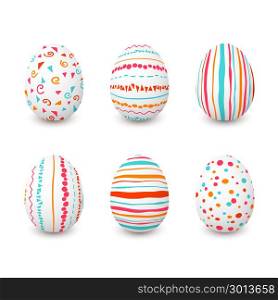 Set of white Easter eggs with simple pink, orange, red, blue stripes, patterns points, confetti, waves, flourishes. Can be used for for wrapping, template, wallpaper, screens Vector Illustration. Set of white Easter eggs with simple pink, orange, red, blue stripes, patterns points, confetti, waves, flourishes